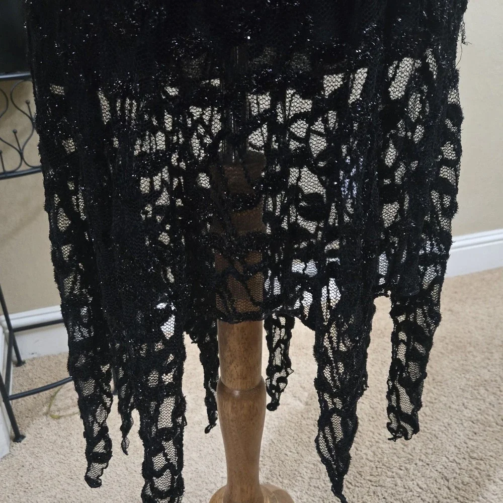 90s Y2K Whimsigoth Sheer Black Dress‎ Lace Romantic Handkerchief Hem Celestial
